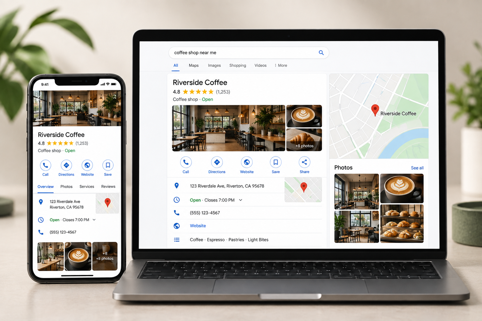 Aperçu Google Business sur téléphone et ordinateur